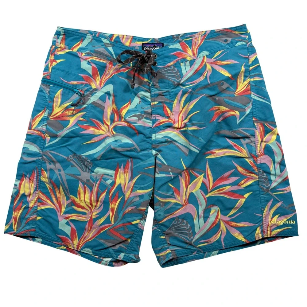 Patagonia‎ Board Shorts Mens 34 Teal Floral Bird of Paradise Swim Trunks Surf